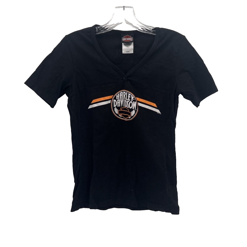 HARLEY DAVIDSON Women's Sz M* Black USA Short-Sleeve Henley T-Shirt MADISON, TN